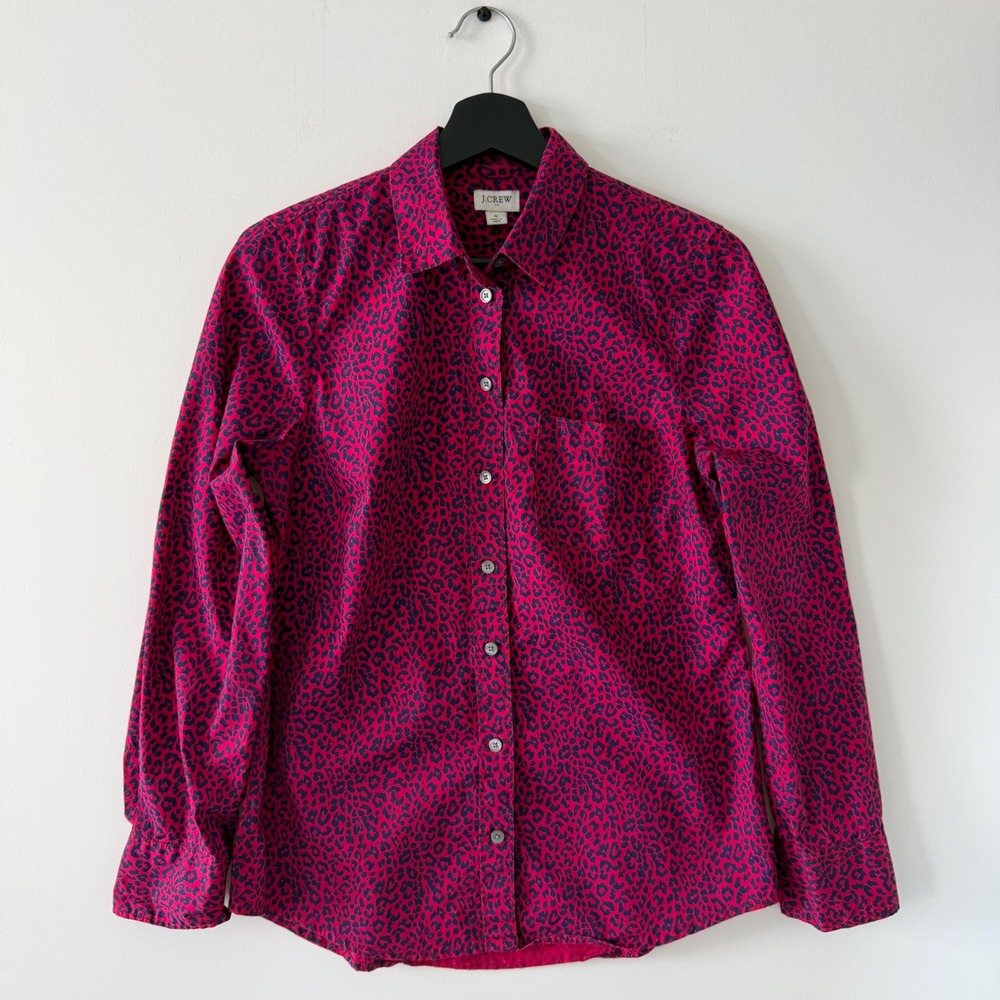 J.Crew Womens Pink Navy Blue Leopard Print Cotton Button Down Shirt Small